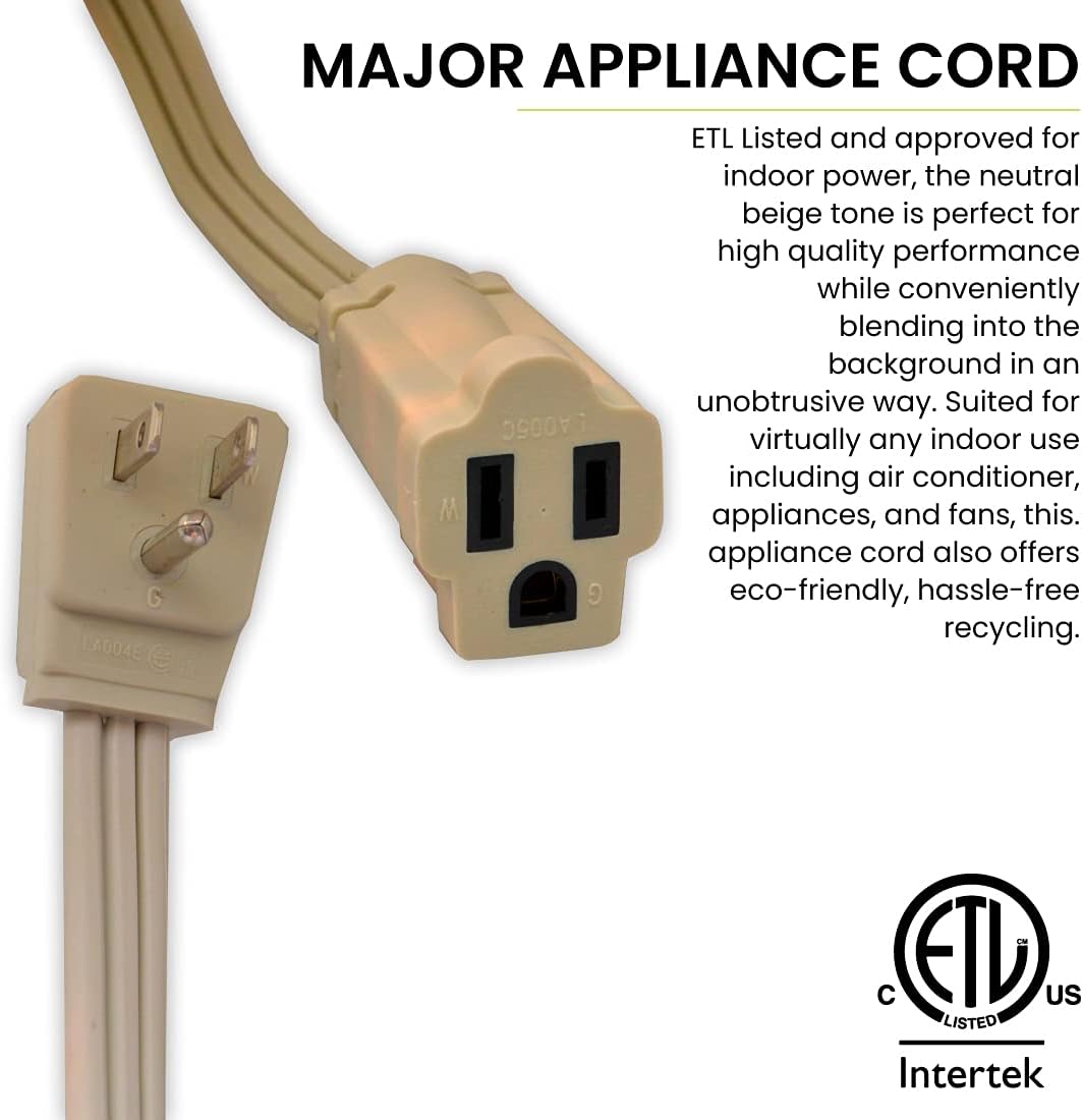 Go Green Power Inc. 15ft Appliance Cord, Beige - 14/3 SPT, Heavy Duty, Grounded, Kink-Free, 3 Prong Right Angle Plug for Large Indoor Appliances