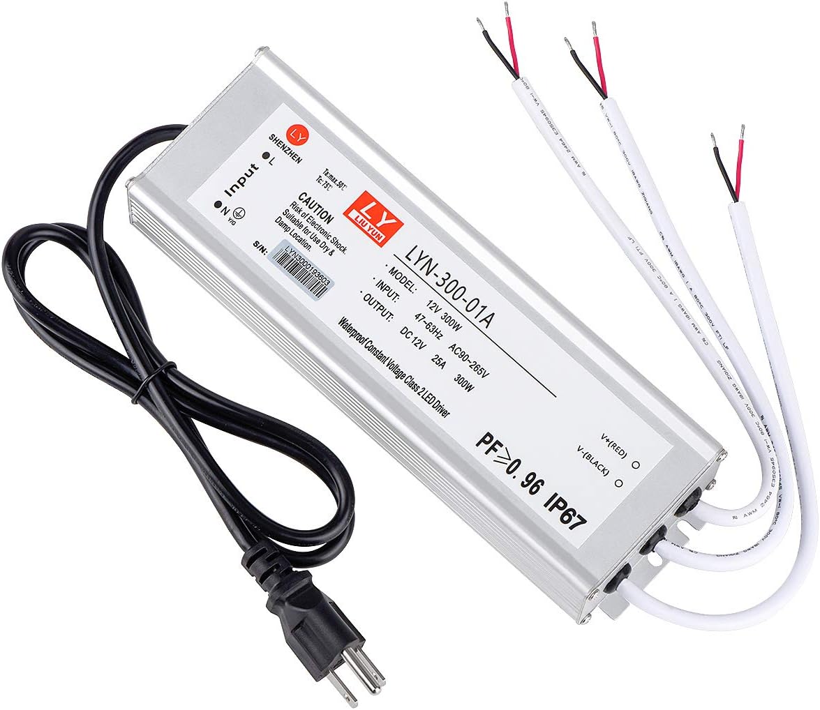 LED Driver 300 Watts (100W X3) 25A Waterproof IP67 Power Transformer Adapter 90-265V AC to 12V DC Low Voltage Output, with 3-pin Plug 3.3 ft LED Cable for LED Lighting Outdoor Light and Any 12V DC