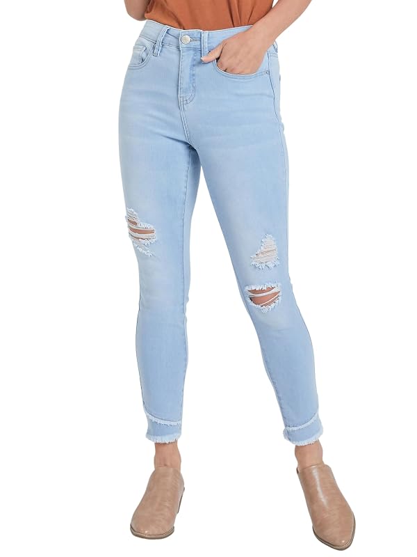 Royalty for Me Women's High Rise Skinny Ankle Jean with Double Frayed Hem Sustainable, L Light Blue Rips, 10 by Royalty For Me - Used condition - US$24.03