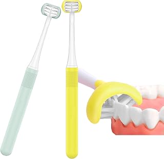 2 Pieces 3 Sided Autism Toothbrush Three Bristles for Special Needs Kids Soft Bristles Soft and Gentle for Complete Tooth and Gum Care (Blue + Yellow（kids）)