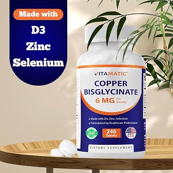 Vitamatic Copper Bisglycinate 6 mg Made with Vitamin D3 2000 IU, Zinc 50mg, Selenium 50mcg - 240 Tablets - Non-GMO & Gluten Free