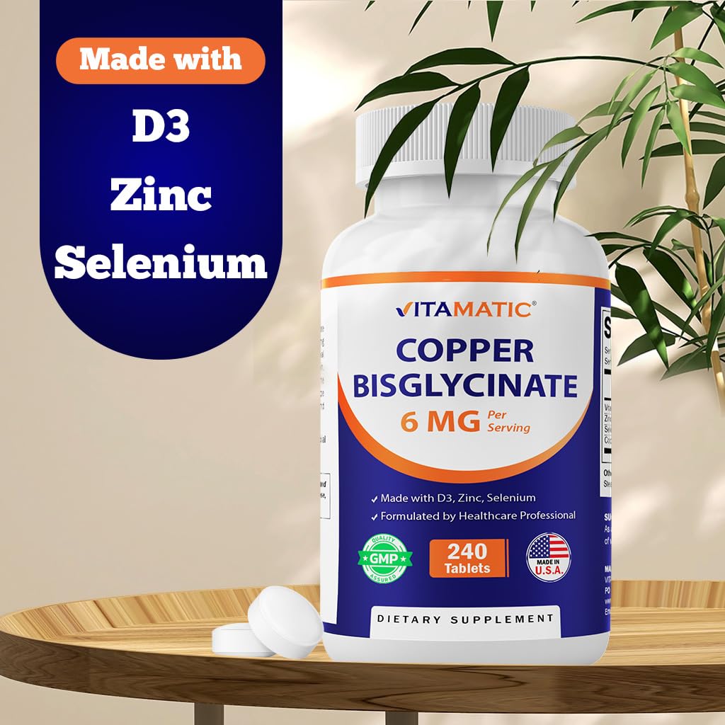 Vitamatic Copper Bisglycinate 6 mg Made with Vitamin D3 2000 IU, Zinc 50mg, Selenium 50mcg - 240 Tablets - Non-GMO & Gluten Free — Amazon image 7