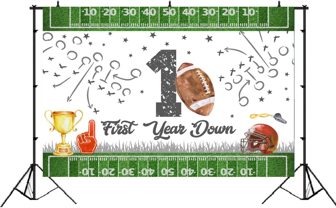 Lofaris Football First Birthday Backdrop First Year Down Happy Birthday It's Game Time First Year Down Photo Background Game On Football Boy Birthday Party Decorations 5x3ft image 2