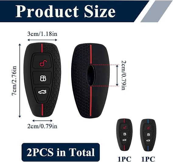 2 Pcs Car Key Covers for Ford, Key Case Fob Covers Protection Soft 3 Button Silicone Compatible with Ford Fiesta, Focus, Galaxy, Fusion, Mondeo, B-Max, C-Max, S-Max, Kuga, Ecosport (Blue and Red Line)