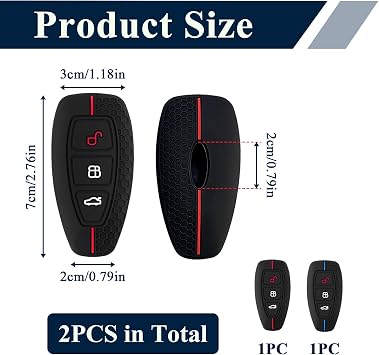 2 Pcs Car Key Covers for Ford, Key Case Fob Covers Protection Soft 3 Button Silicone Compatible with Ford Fiesta, Focus, Galaxy, Fusion, Mondeo, B-Max, C-Max, S-Max, Kuga, Ecosport (Blue and Red Line)