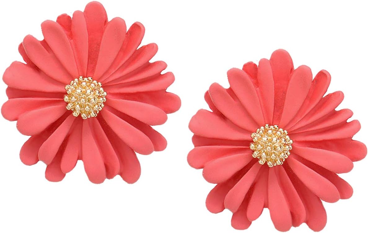Rosemarie & Jubalee Women's Vibrant Coral Powder Color Coated Metal Blooming Daisy Flower Post Earrings, 1"