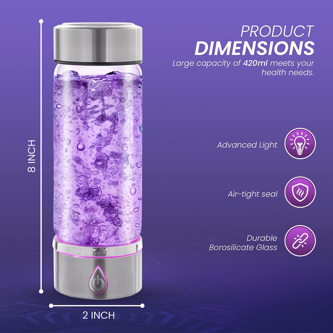 H3O Hydrogen Water Bottle - Hydrogen-Infused Water Machine with Built-in Purple Protective Light - Portable Water Ionizer for Hydration, Energy, Sleep Quality - 3000PPB Hydrogen Ions per Cycle