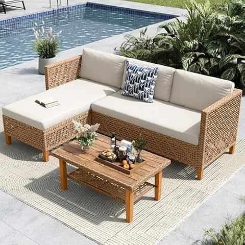 MFSTUDIO L Shaped Outdoor Wicker Couch Set with Acacia Wood Table Cover