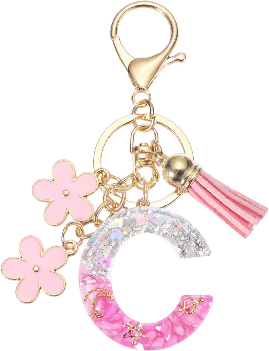 PATIKIL Alphabet Initial Letter Keychain, Resin Cute Keychains with Tassel Flowers Letter C Pendant Charm for Women Key Purse Handbag Bag Accessories, Pink