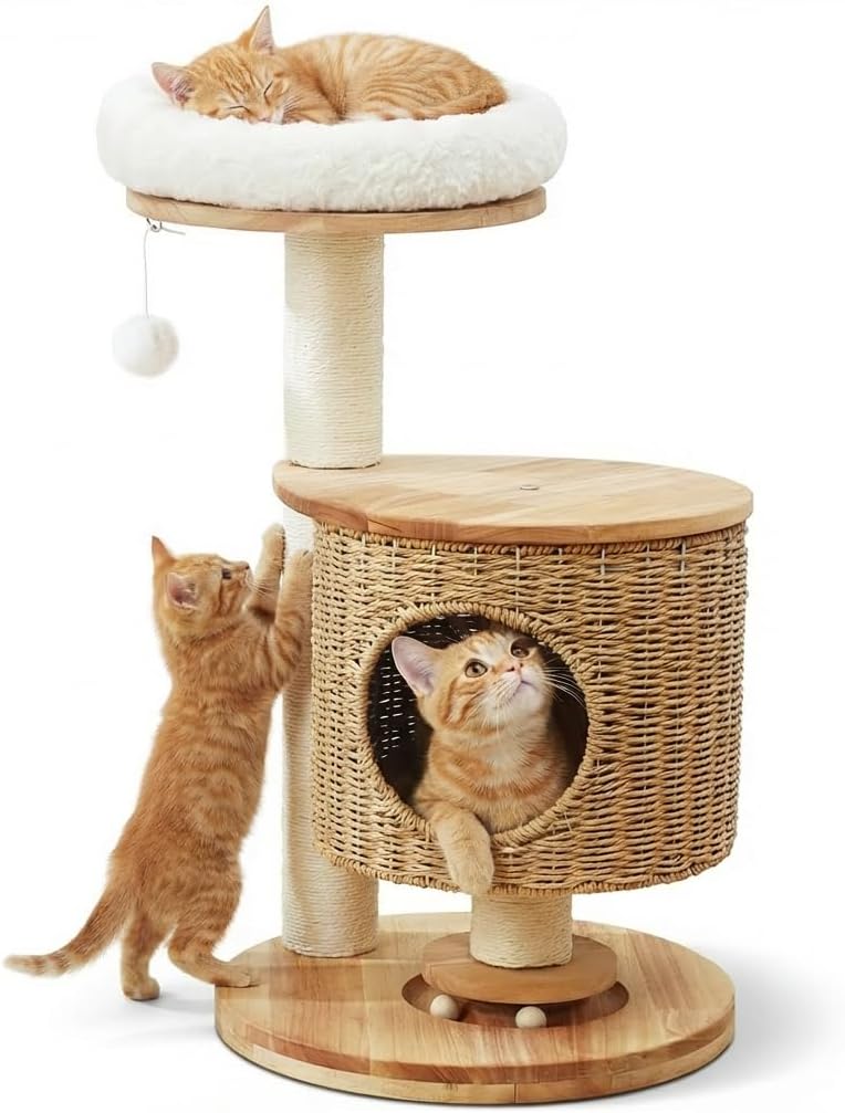 Solid Wood Cat Tree for Indoor Cats, Modern Cat Tower with Hand-Woven Condo & Sisal Scratching Post, Sturdy Wooden Cat Tree with Plush Perch, Aesthetic Cat Furniture for Small to Medium Cats