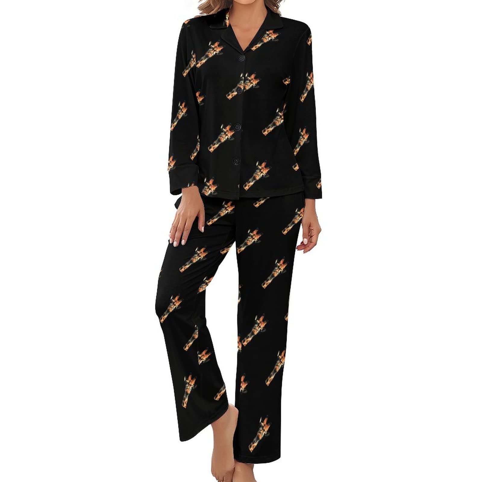Giraffe with Sunglasses Women's Pajamas Set Long Sleeve Pj Set Button Down Sleepwear Pajamas Loungewear M