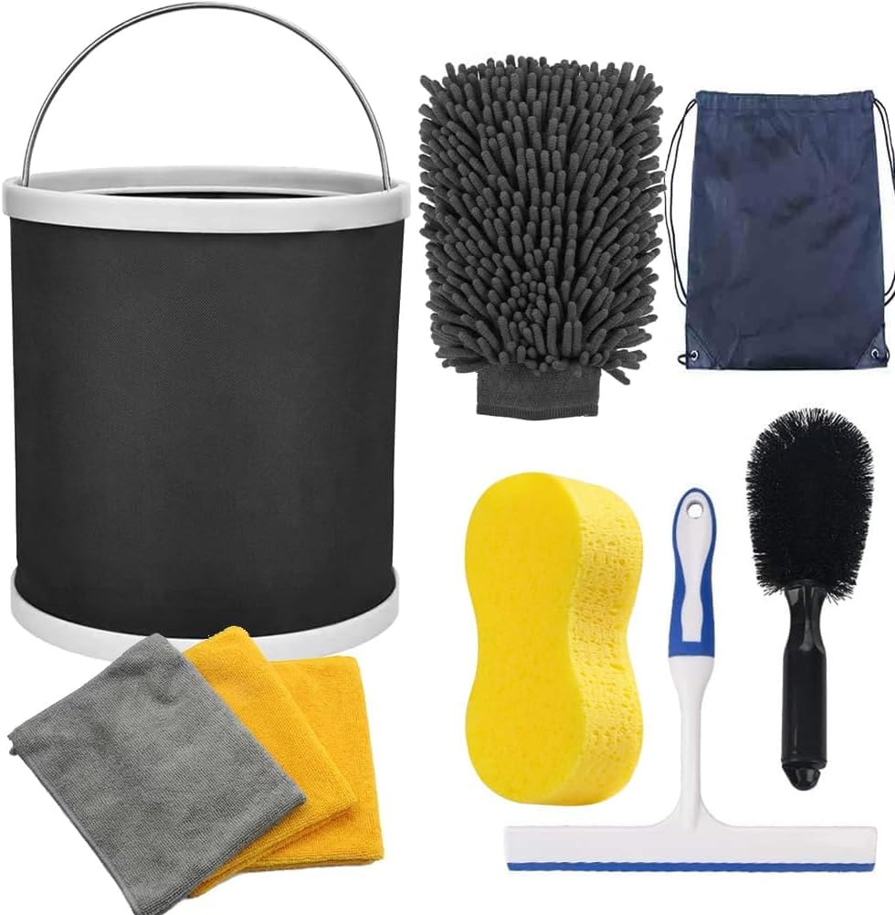 Car Wash Detailing Kit Cleaning Kits with Bag Collapsible Bucket Wash Mitt Sponge Towels Tire Brush Window Scraper Complete Interior Exterior Car Washing Supply Set Black