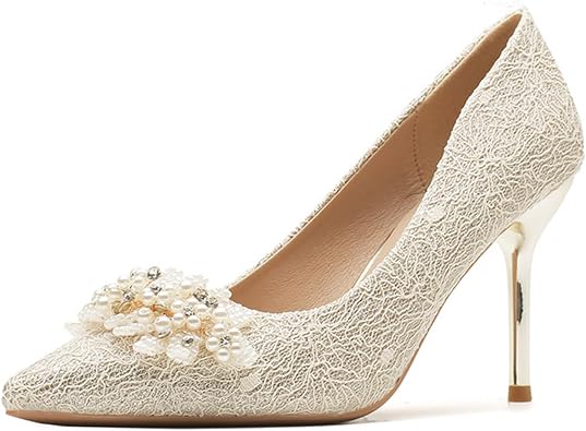 Womens Pointed Closed Toe High Heel Pumps Dressy Pearl Flowers Lace Mesh Bridal Wedding Stilettos Heels Comfort Slip On Party Prom Dress Pumps