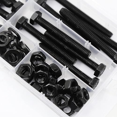 Vista 22 de YEEZET Juego de 12 tornillos de cabeza hexagonal M10, tornillos y tuercas planos y arandelas de bloqueo, kit surtido de acero aleado grado 8.8