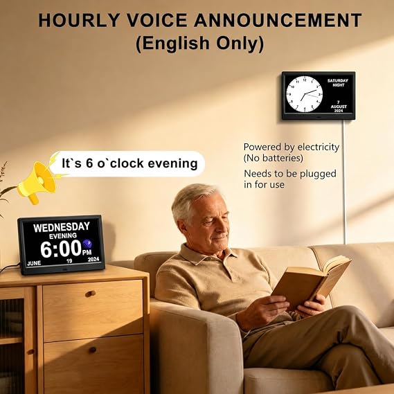 CAZOKASI Extra Large Impaired Vision Digital Alarm Clock with Day and Time for Elderly DST Calendar Clock No Battery Plug-in Power Outage Memory Auto Dimmable Clock (10.1 Inch Black)