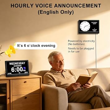 CAZOKASI Extra Large Impaired Vision Digital Alarm Clock with Day and Time for Elderly DST Calendar Clock No Battery Plug-in Power Outage Memory Auto Dimmable Clock (10.1 Inch Black)