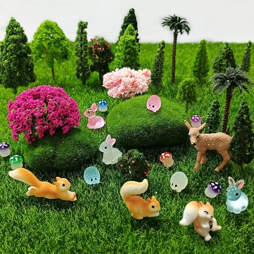 OrgMemory - OrgMemory Mixed Model Trees, Forest Animals Figures, Diorama Supplies, Ho Scale Bushes with Moss Stones, Model Grass, Plastic Trees for Projects, DIY Crafts