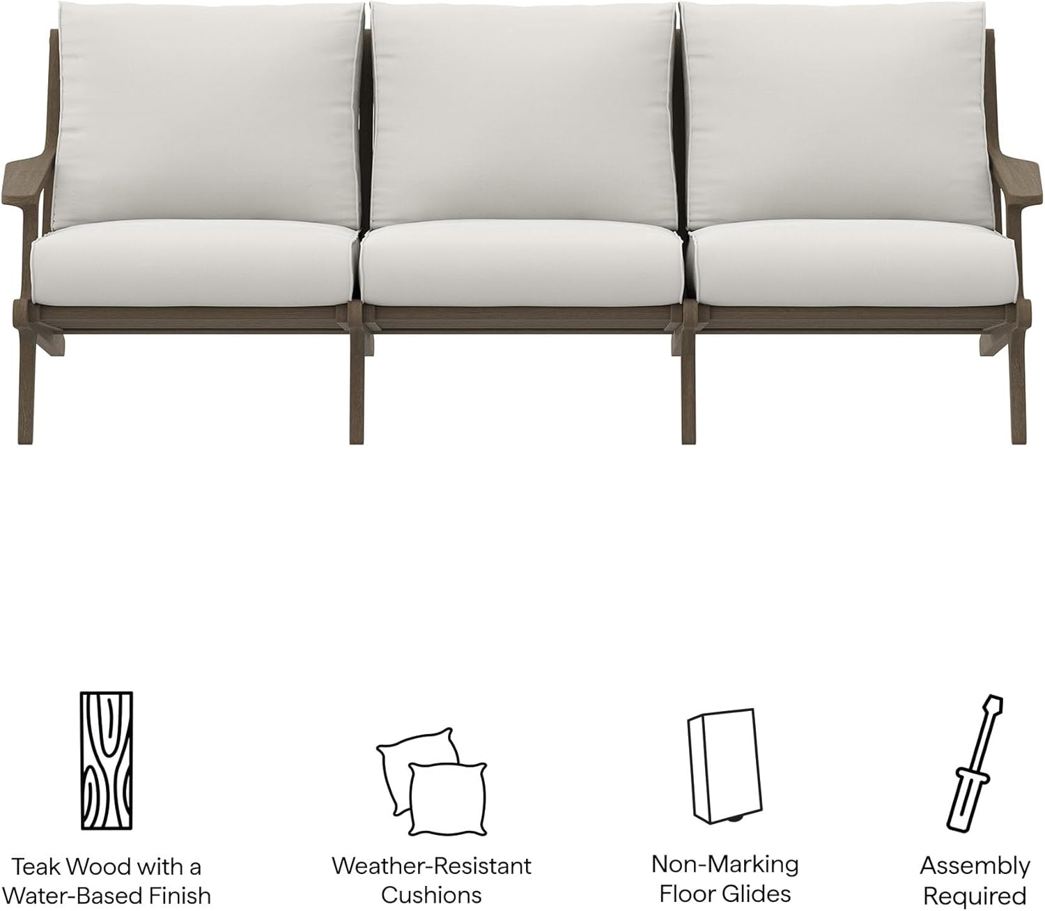 Modway Saratoga Teak Outdoor Patio Sofa in Weathered Gray White – 3 Seater Couch with Weather-Resistant Cushions – Wooden Outdoor Furniture Sofa
