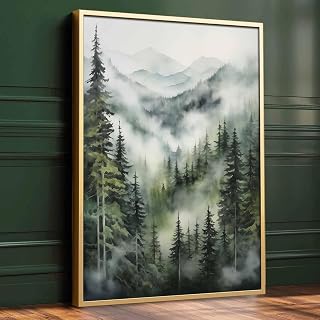 Misty Forest Watercolor Poster - Mountain & Forest Landscape, Foggy Trees, 16x24inch No Frame