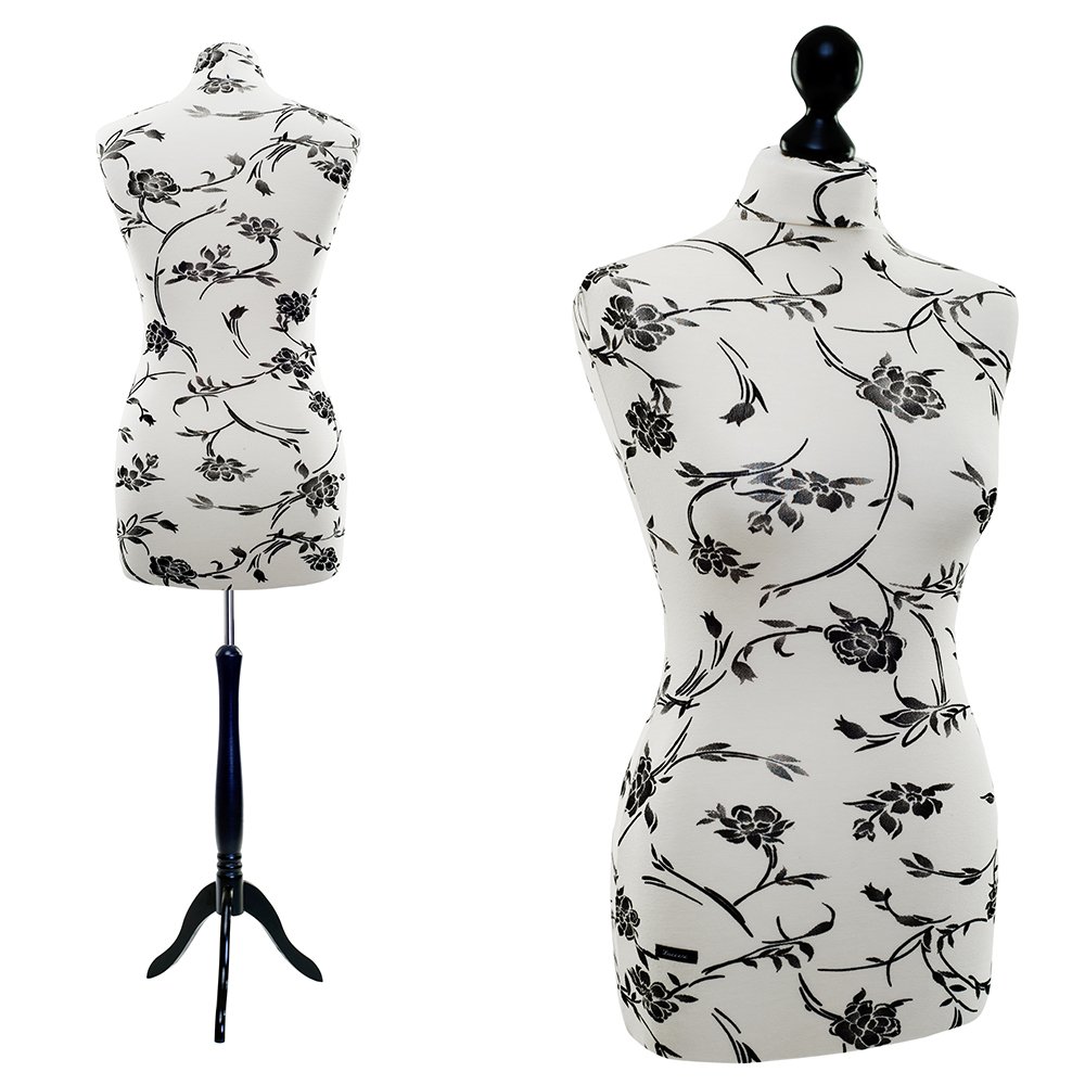 Mannequin de Couture LUCCESI | à Prix d'essai ! | Tailles S - XL (Femme) | Housse Interchangeable Blanc crème/Motif Floral (Noir) | Socle Noir (XL (44-46))