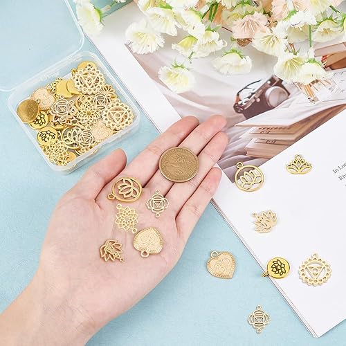 Miniatura 3 de SUNNYCLUE 1 caja de 48 piezas de 12 estilos de dijes de yoga a granel, colgantes de loto de chakras, conectores de eslabones Ohm Aum, dijes de