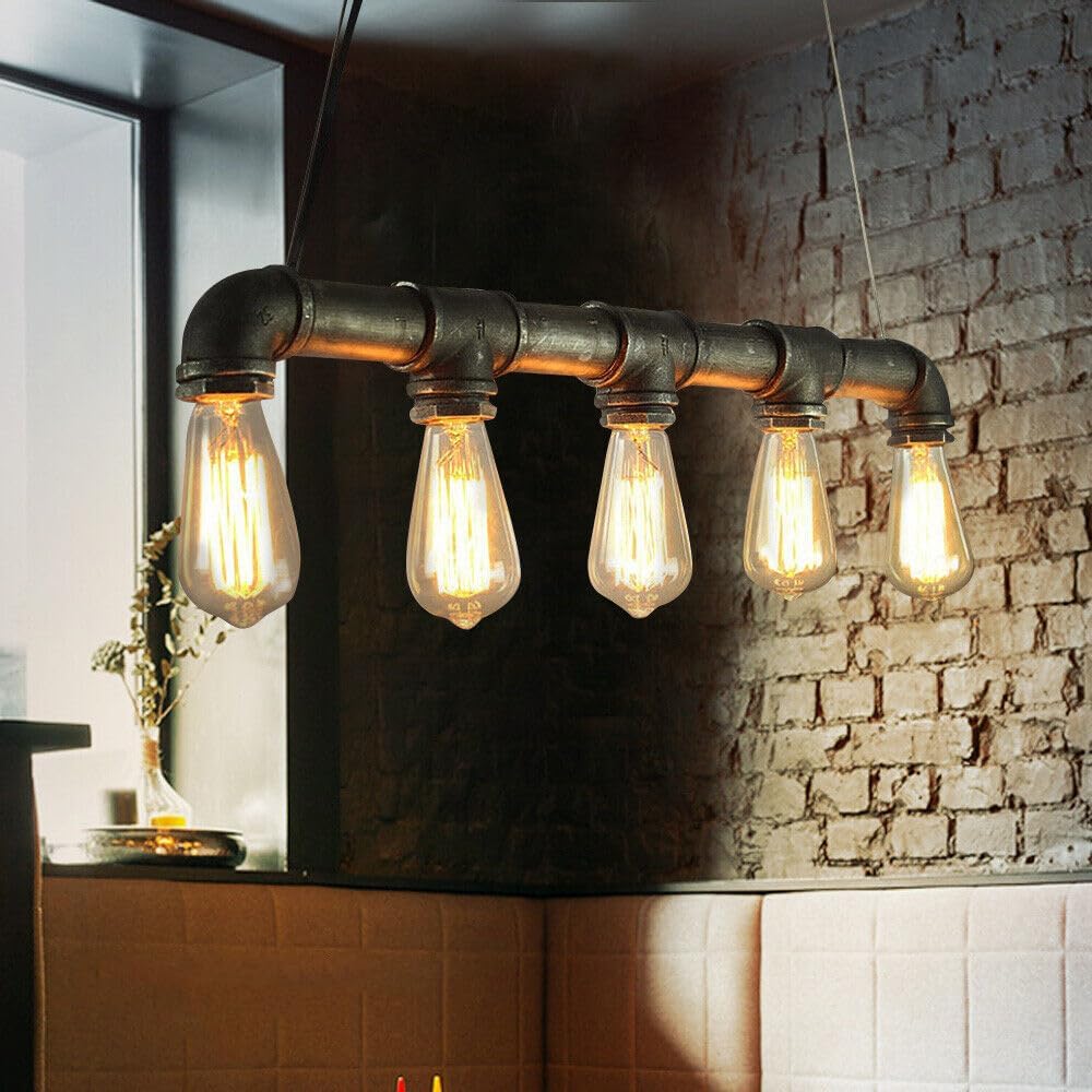 25.6" Water Pipe Ceiling Light, 5-Light Retro Chandelier Steampunk Pendant Lamp Fixture Farmhouse Vintage Pendant Lamp, for Coffee Shop Restaurant Hallway Porch Corridor
