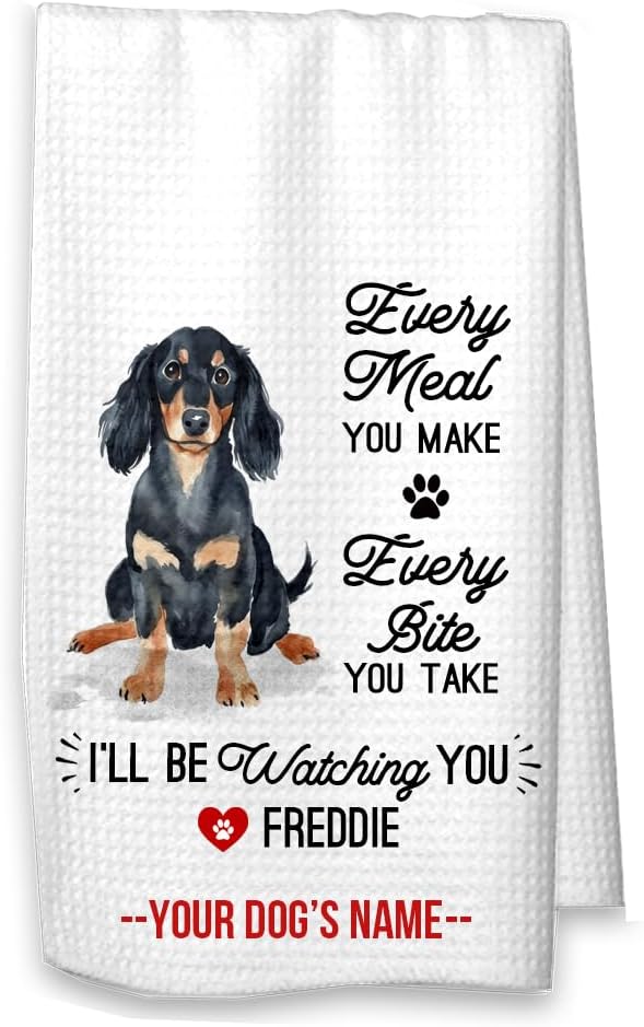 Studio 9Thirty3 Personalized Dachshund Kitchen Towel – Waffle Weave Microfiber Watching You Dish Towel, Custom Dog Lover Gift, Funny Dog Mom Kitchen Décor (Dachshund Personalized)