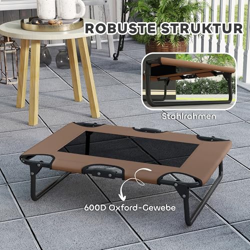 PawHut Hundeliege Outdoor, Erhöhtes Hundebett für kleine und mittelgroße Hunde, klappbar Haustierliege mit Mesh Stahlrahmen Füßen, Haustierbett für Draußen Camping, 75x51x18 cm, Kaffee