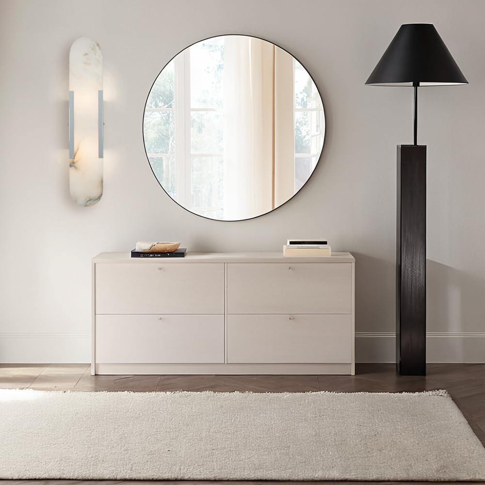 Alabaster Sconce, Natural Organic Marble Wall Light with Black Metal Frame, Flat Alabaster Marble Vanity Light for Bathroom, Wall Lamp for Bedroom, Hallway, Living Room, Dining Room (Nickel)