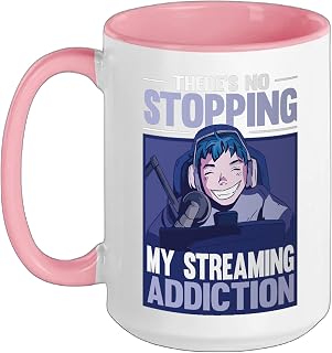 No Stopping My Streaming Addiction Gamer Headset Humor Retro Ceramic Mug, Pink/White, 15oz