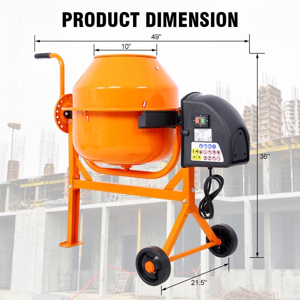 3.0 Cu. Ft Electric Cement Mixer, 650W 2/3 HP Heavy Duty Cement Mixing Machine Tools, Portable Concrete Mixer with Wheels and Stand for Mortar, Stucco and Fodder, Adjustable Tilt, Orange