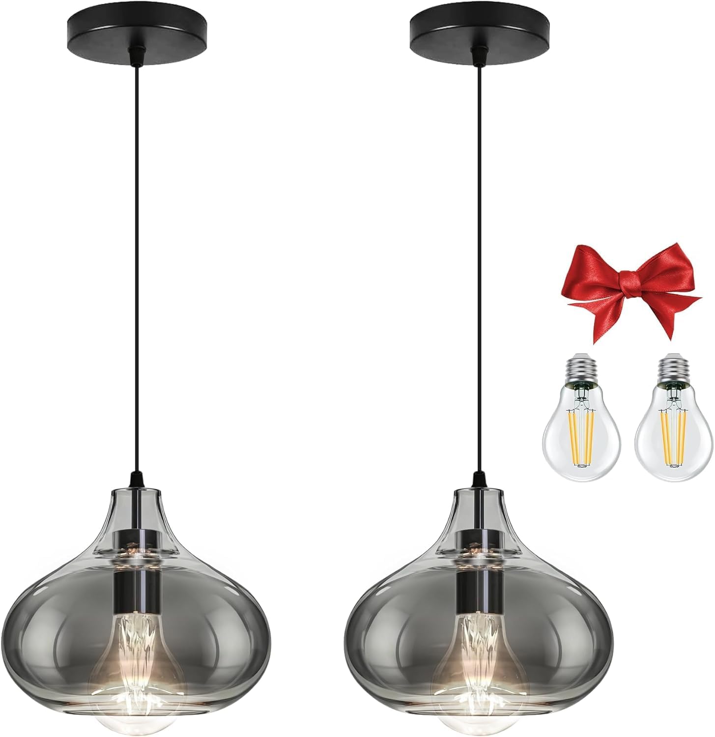 Bravsekai Mini Smoke Gray Glass Pendant Light, Suitable for Accent Lighting Over Cozy Spaces, Kitchen Nooks & Bedside, Includes 2 LED Bulbs & Adjustable Cord(18cm, 2-Pack)