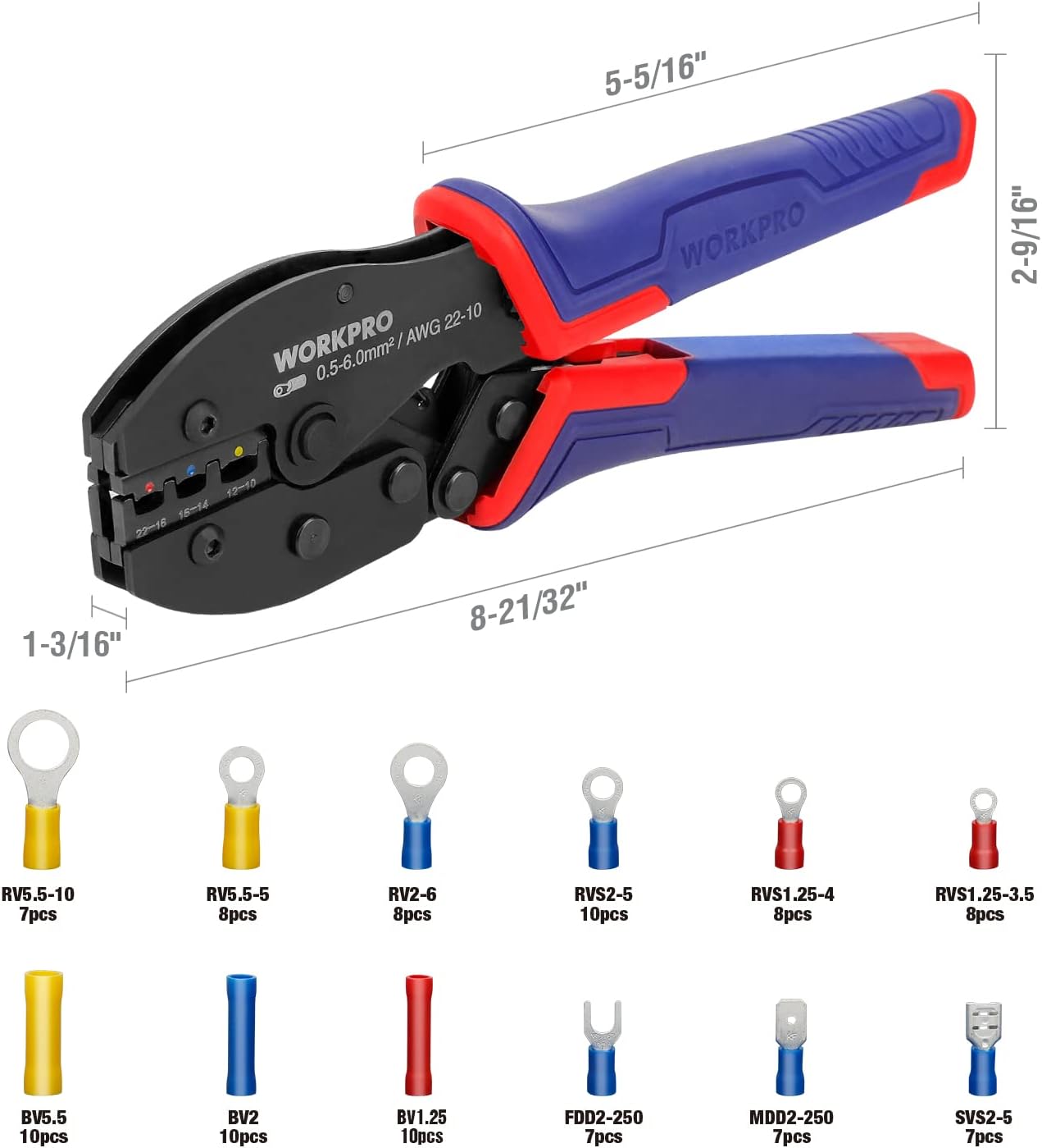 WORKPRO Wire Crimping Tool Kit, Ratcheting Insulated Terminal Crimper for 22 to 10 AWG Wire, Crimping Pliers with 100 Pieces Terminal Connectors