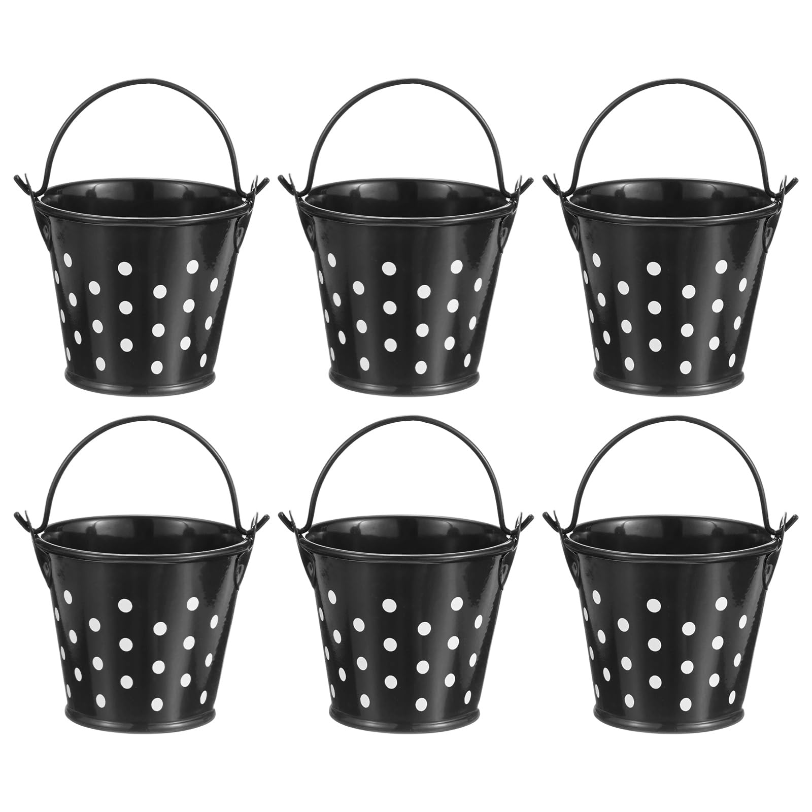 M METERXITY 6-Pack Small Metal Bucket with Handle, 2.4 x 2 Inch Iron Mini Buckets for Farmhouse Flower/Garden Planters/Decorative Table Centerpieces [Polka Dots, Black]