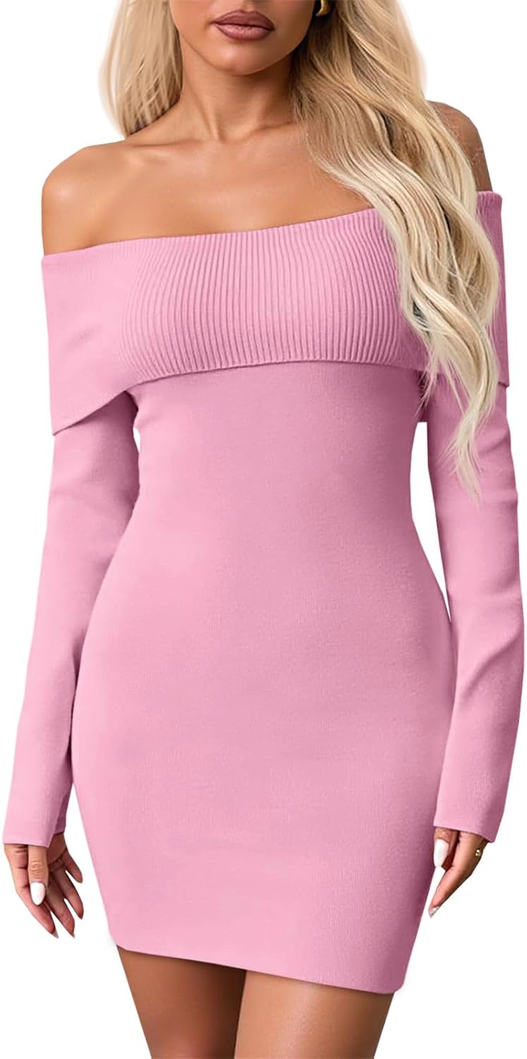 Wenrine Womens Off The Shoulder Sweater Dress Casual Ribbed Knit Long Sleeve Bodycon 2025 Fall Party Mini Dresses