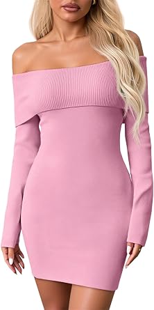 Wenrine Womens Off The Shoulder Sweater Dress Casual Ribbed Knit Long Sleeve Bodycon 2025 Fall Party Mini Dresses