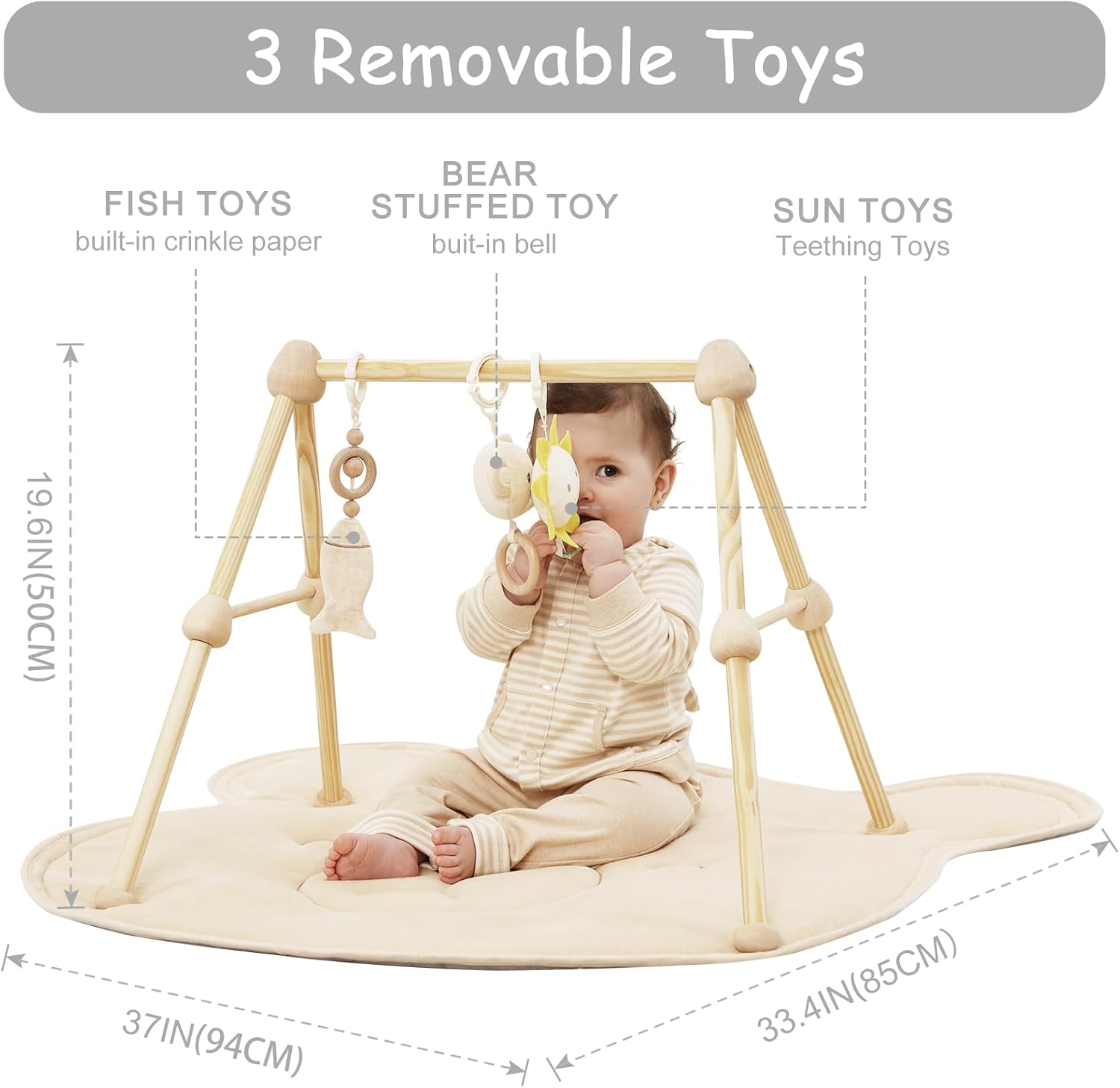 4-in-1 Wooden Baby Play Gym & Activity Mat, Soft Cotton Tummy Time Mat for Babies 0+,with 3 Detachable Toys for Sensory & Motor Skill Development,Newborn Infant Baby Essentials Gift,Bear