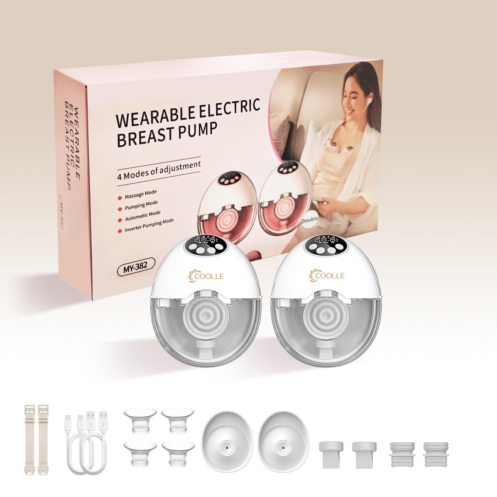 Electric Breast Pump Hands Free Wearable Portable Breastfeeding Pumps Wireless Hospital Grade Quiet Anti-Leaking with Voice Broadcast Heating 4 Mode 12 Levels Suction Double 24mm White
