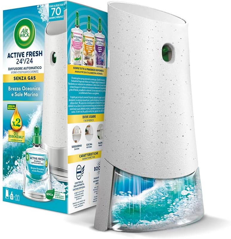 Airwick Active Fresh Deodorante per Ambienti, Confezione con 1 Diffusore Automatico senza gas, 1 Ricarica alla Fragranza Brezza Marina e Magnolia 228ml, 2 Pile AA, Neutralizza Odori 24/7