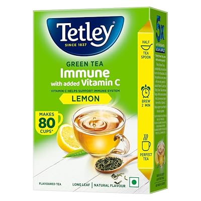 Tetley Loose Green Tea Leaves 100g, Lemon Flavour, Immune With Added Vitamin C, Makes 80 Cups, Long Leaf Tea, 5X Antioxi