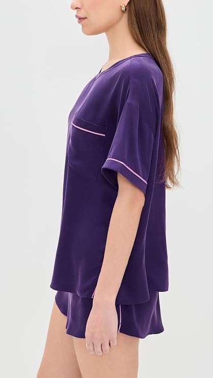 Lunya Women's Washable Silk Piped Tee Shorts Set