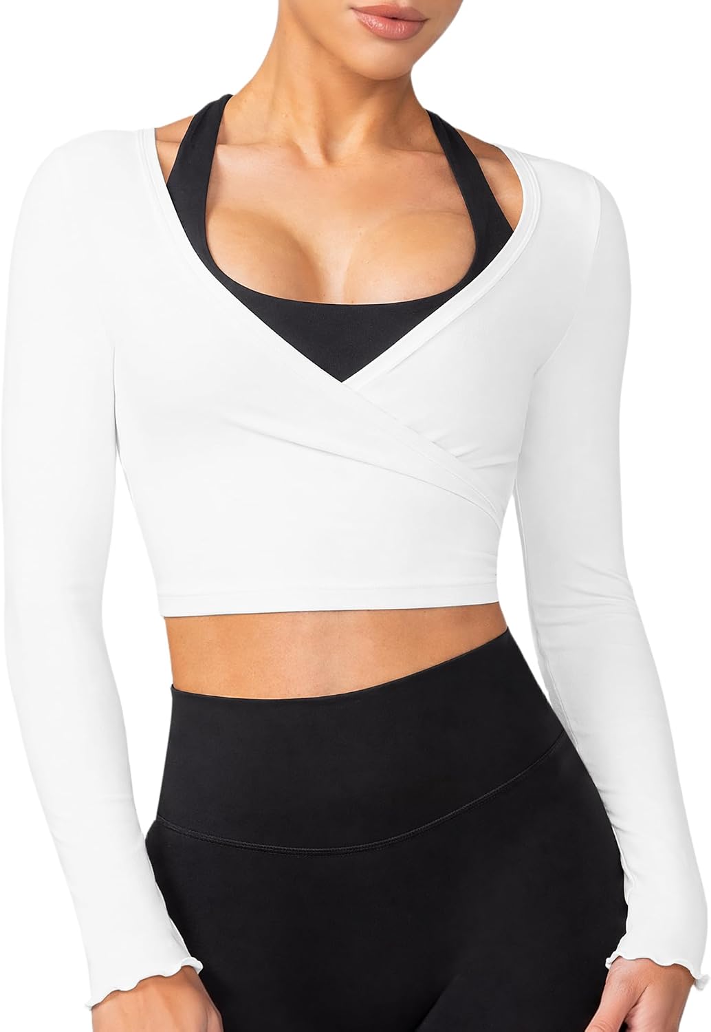 Womens Wrap Tops Long Sleeve Pilates Dance Shirts Yoga Pilates Workout Tops