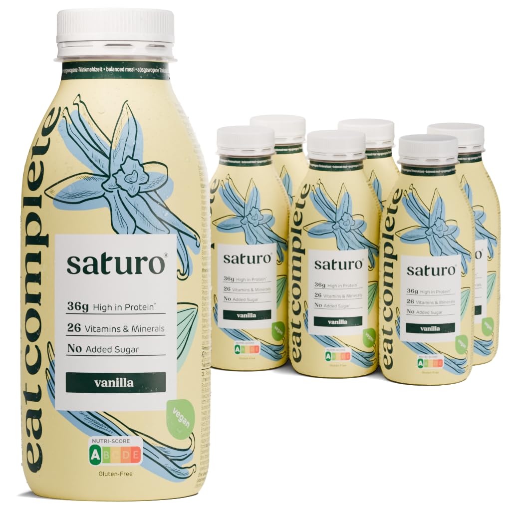 Saturo Pasto Sostitutivo Frullato Gusto Vanilla | 36 g di proteine & senza zucchero | 400 kcal | Vegano | Pasto Bevibile con Nutrienti Essenziali | Vaniglia | 6 x 400 ml