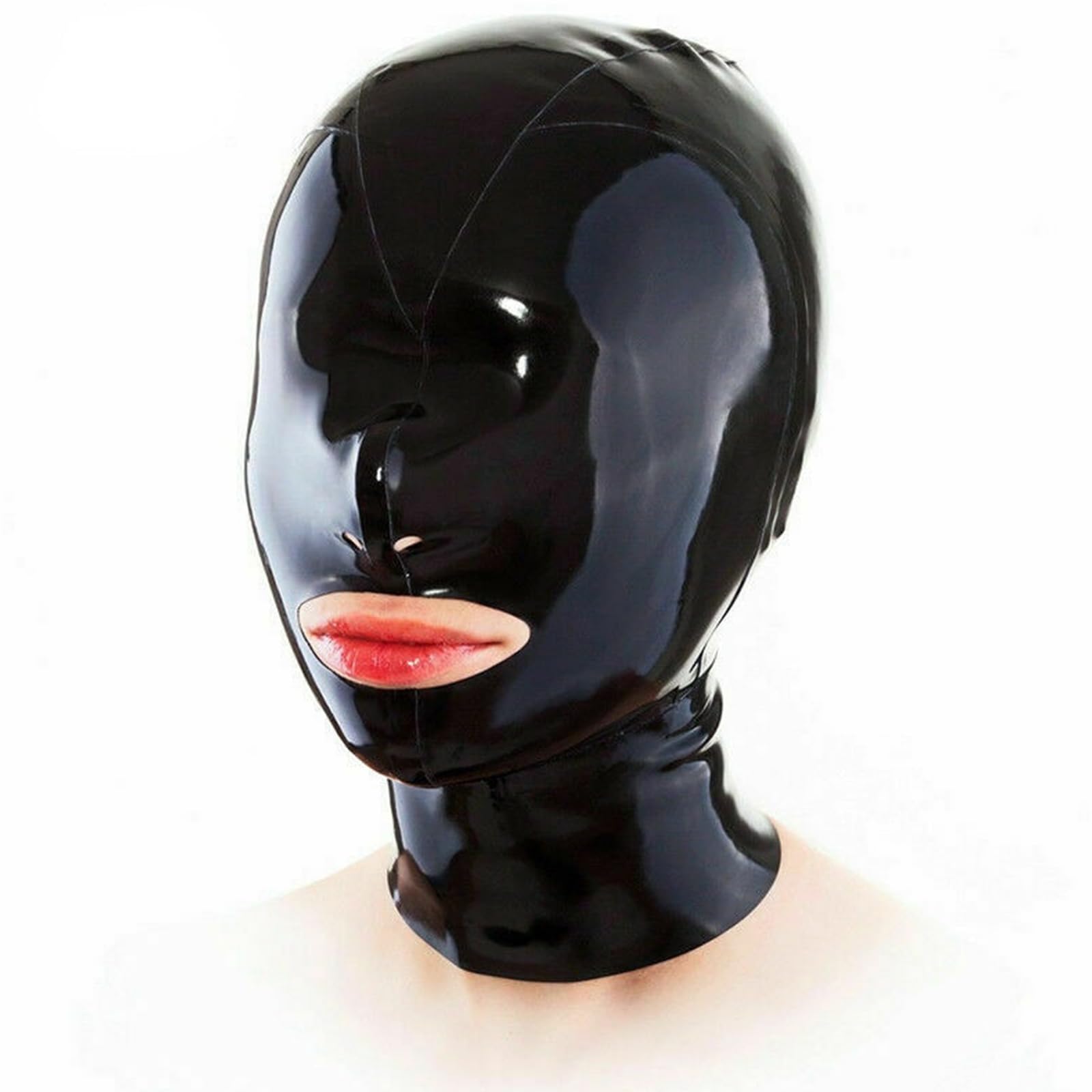 DSPENGS Latex Hood BDSM Halloween Unisex Black Full Face Mask Exposed Mouth Back Zipper Cosplay Special Cool(Size:XXL-73CM)