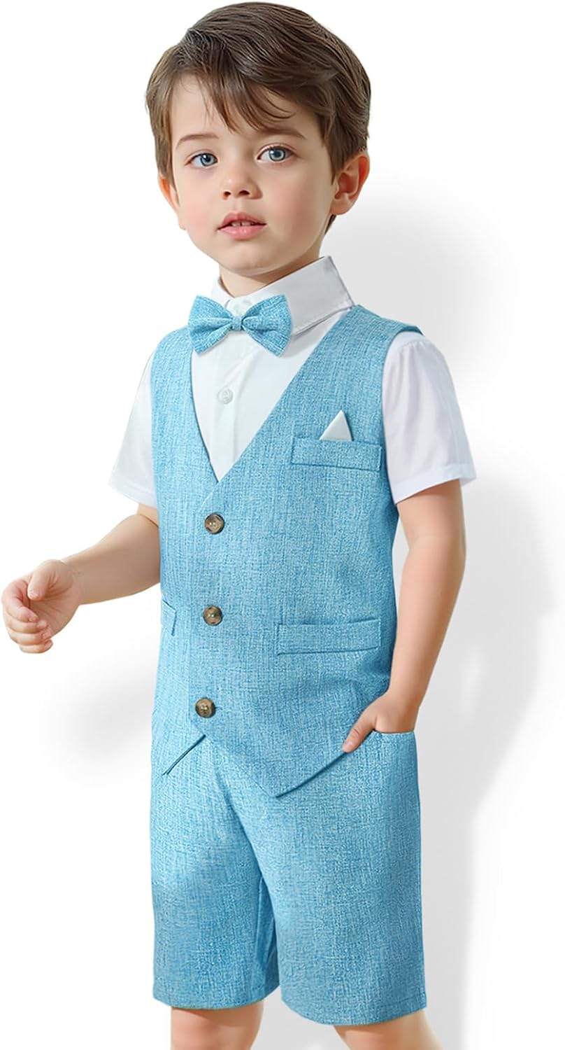 Yilaku Boys Suit Touddler Summer Short Shirt Wedding Gentlemen Suit with Vest + Pants + Shirt + Bowtie 4-Piece Tuxedo Outfits