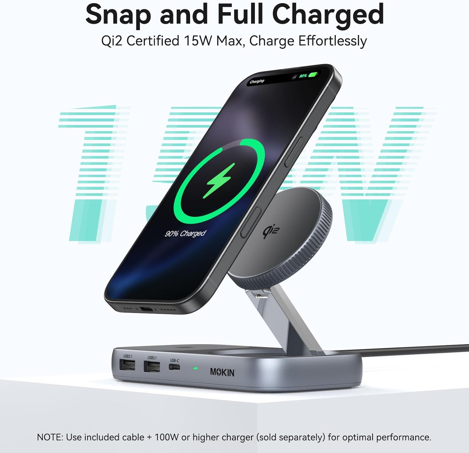 MOKiN USB C Hub with 15W Qi2 Wireless Charger, Laptop Docking Station to 4K HDMI, 100W PD, 10Gbps Ports, 15W+5W Wireless Charging Stand for iPhone 16/15/14/13 & Airpods, USBC Dock for MacBook/Windows