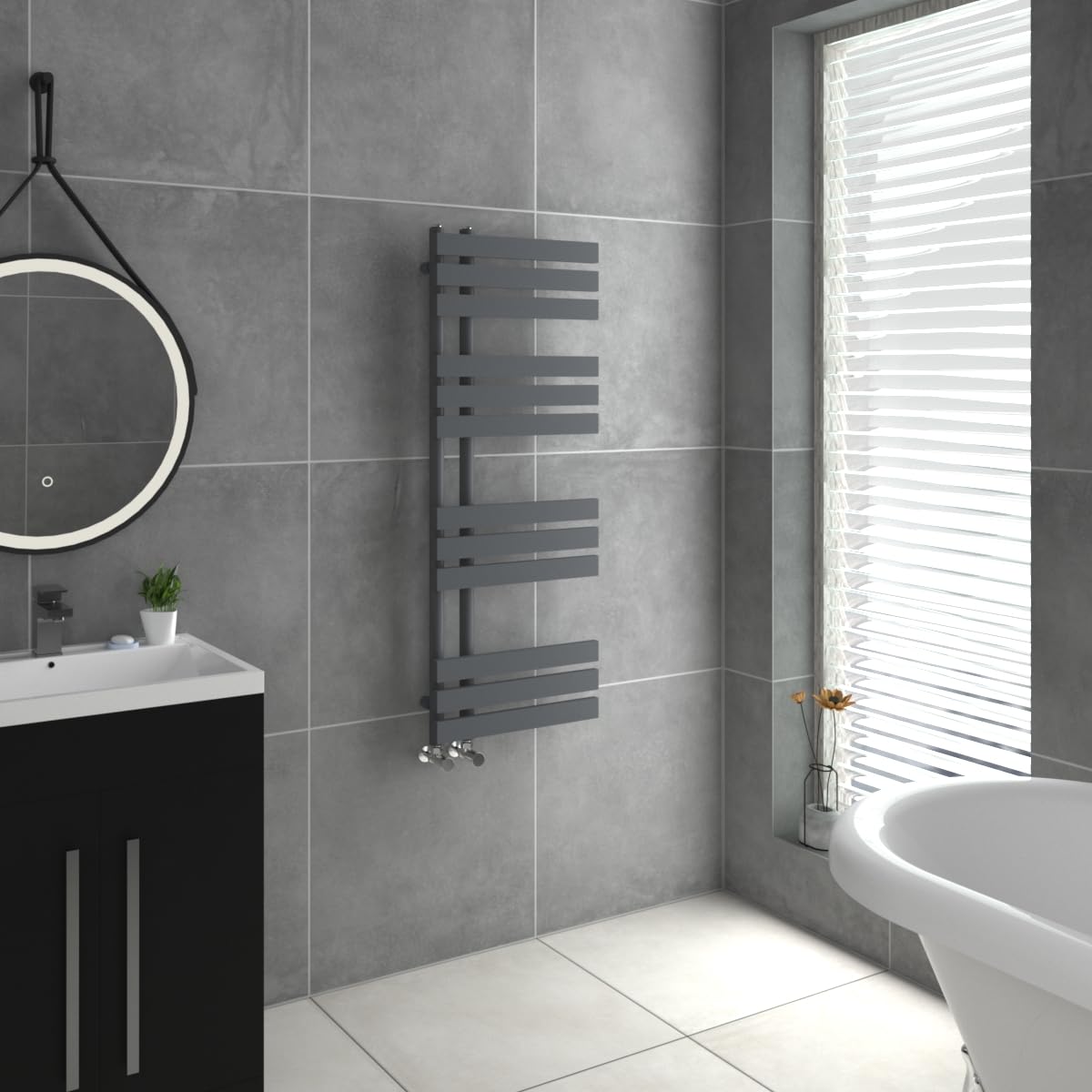 Warmehaus Sand Grey Designer Heated Towel Rail D Shape Bathroom Ladder Style Radiator Warmer Central Heating 1200X450mm