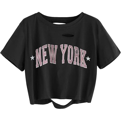 Remidoo Women's Summer Casual Distressed Short Sleeve Crop Top Crewneck T Shirt