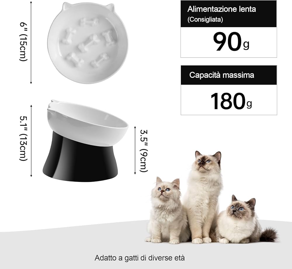 Set 3 Ciotole Per Gatti In Ceramica Con Base Antiscivolo - Piatte, Anti Affaticamento Baffi - Foto 11
