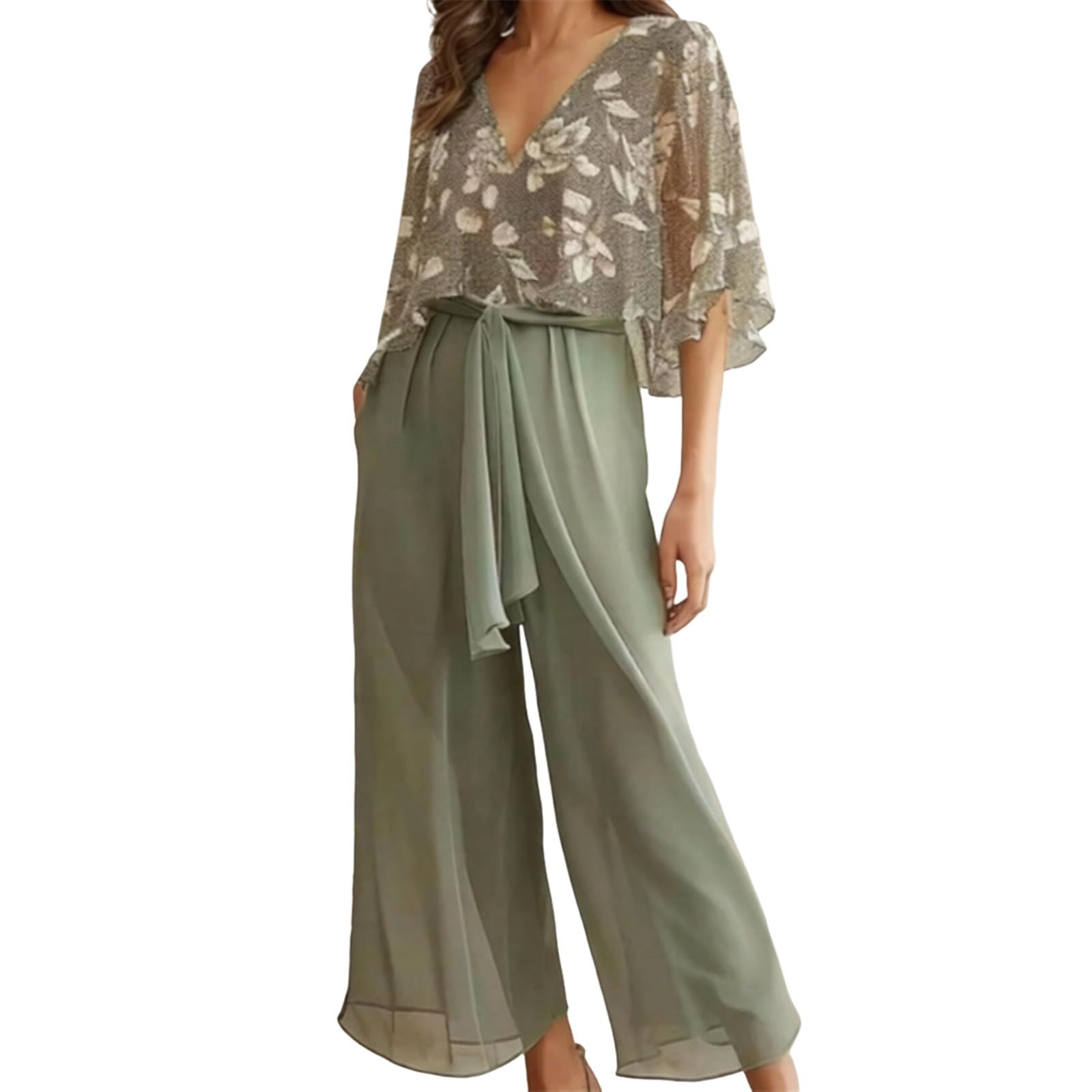 Ensemble 2 pièces pour la mère de la mariée, mariage, femme, festif, élégant, floral, pantalon en dentelle, costume de soirée avec demi-manches, mousseline de soie, dentelle, manches longues, pantalon